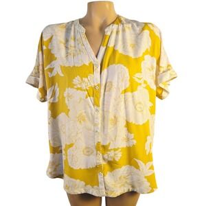 Fat Face Floral Blouse Women Size 8 Button Front Yellow White Short Roll‎ Sleeve